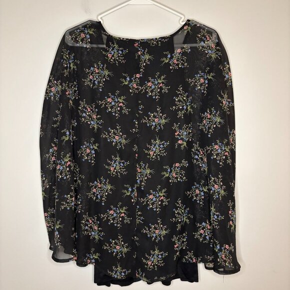 NOTATIONS NEW V-Neck Blouse Womens 2X Sheer Lined Black Floral Stretch Poncho - Picture 2 of 8